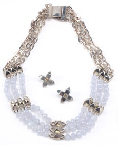 (2)  MIGNON FAGET (B.1933) STERLING SILVER & CHALCEDONY NECKLACE & EARRINGS