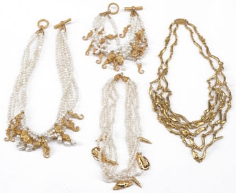 (4) CULTURED PEARL & GOLD-TONE METAL MULTISTRAND JEWELRY, MIGNON FAGET (B.1933) & OTHERS