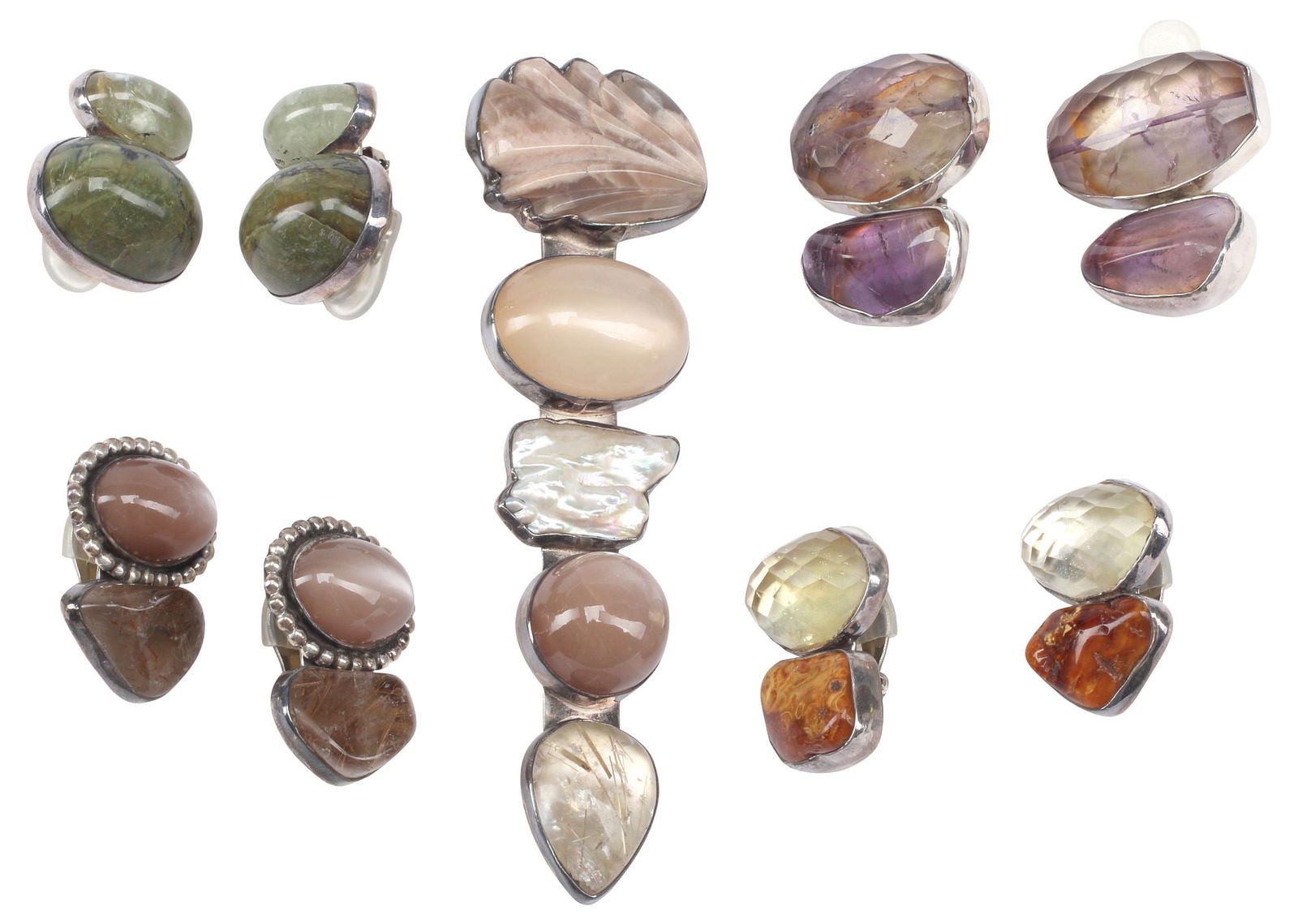 (5) ESTATE DESIGNER REBECCA COLLINS DALLAS TEXAS STERLING & GEMSTONE JEWELRY: (lot of 5) Estate designer sterling silver jewelry group, Rebecca Collins, Dallas Texas, including: (2) moonstone and rutilated quartz, (one) brooch, approx 4.75"l, 1.5"w, (pair) clip on earrings, app