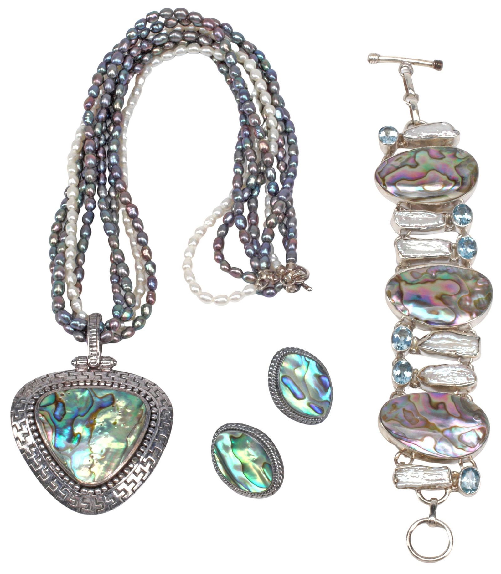 (3) ESTATE STERLING SILVER, ABALONE & GEMSTONE JEWELRY SUITE: (lot of 3) Estate sterling silver and abalone jewelry suite, including: (1) multistrand pendant necklace, having triangular shell pendant in beaded surround, on four-strand beaded pearl necklace, pend