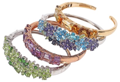 (4) ESTATE STERLING SILVER & MULTICOLOR GEMSTONE HINGED BANGLE BRACELETS