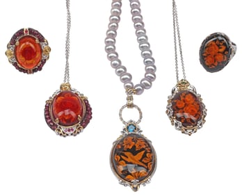 (5) ESTATE STERLING & AMBER-TONE FLORAL CABOCHON NECKLACES & RINGS
