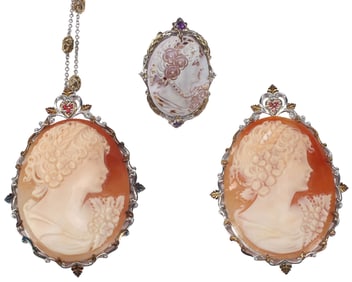 (3) ESTATE STERLING SILVER & CARVED SHELL CAMEO PENDANT BROOCHES & RING