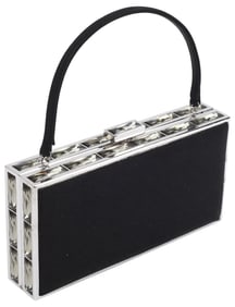 JUDITH LEIBER BLACK SATIN & CRYSTAL MINAUDIERE EVENING HANDBAG