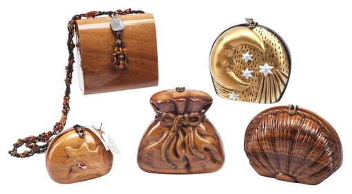 (5) ESTATE DESIGNER TIMMY WOODS CARVED FIGURAL CLUTCH HANDBAGS