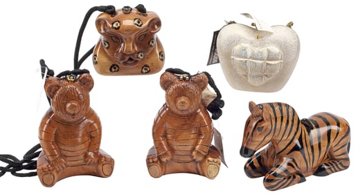 (5) ESTATE DESIGNER TIMMY WOODS CARVED FIGURAL CLUTCH HANDBAGS