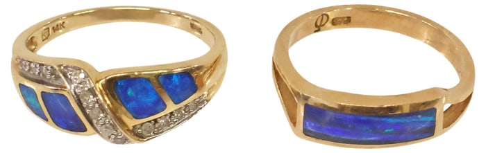 (2) ESTATE 14KT YELLOW GOLD & BLUE OPAL RINGS, 1 WITH DIAMONDS