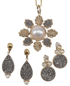 (3) ESTATE 14KT YELLOW GOLD, DRUZY STONE & PEARL JEWELRY SUITE