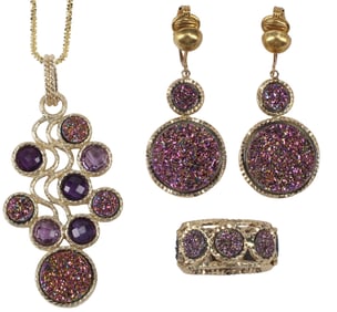 (3) ESTATE ITALIAN MILOR 14KT GOLD & PURPLE DRUZY JEWELRY SUITE