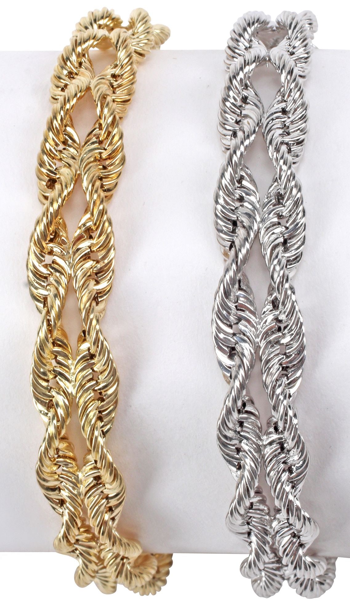 (2) ESTATE MICHAEL ANTHONY 14KT BICOLOR GOLD ROPE CHAIN BRACELETS: (lot of 2) Estate designer 14kt gold bracelets, Michael Anthony, each with twisted rope chain, hallmarked MA 14K Peru at spring ring clasp, including: (1) yellow gold, approx 6"l; (1) white gold, appr