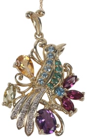 ESTATE 10KT GOLD & MULTI-STONE BIRD PENDANT BROOCH NECKLACE