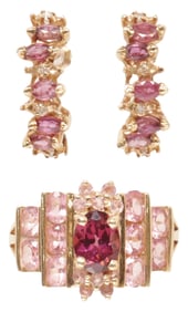 (2) ESTATE 14KT GOLD, RUBY, DIAMOND & PINK TOURMALINE RING & EARRINGS
