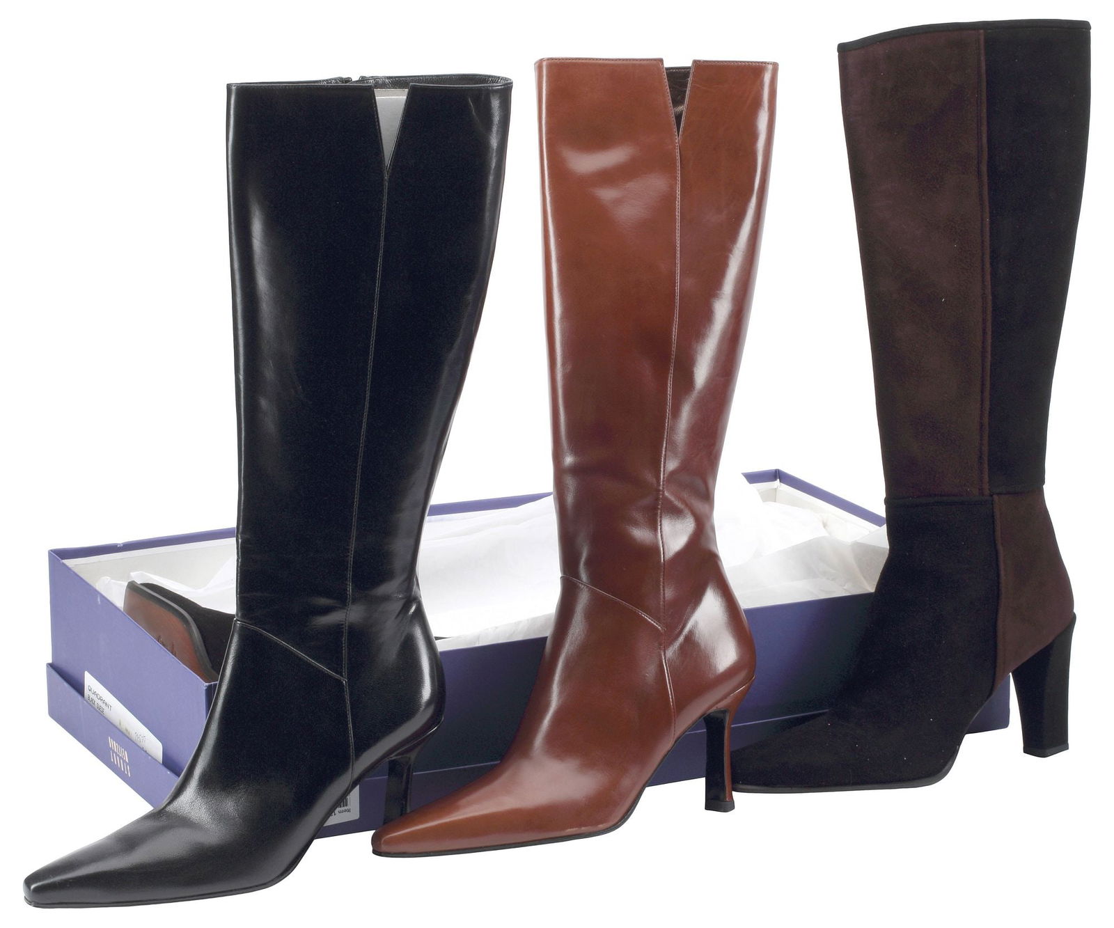 (3PR) LADIES DESIGNER STUART WEITZMAN LEATHER BOOTS: (3 pairs) Ladies designer heeled leather boots, Stuart Weitzman, various models, leathers and colors, all size 7 1/2 N , (1) "Award," (2) "Quadrant" (suede), appearing as new to gently worn, retaining