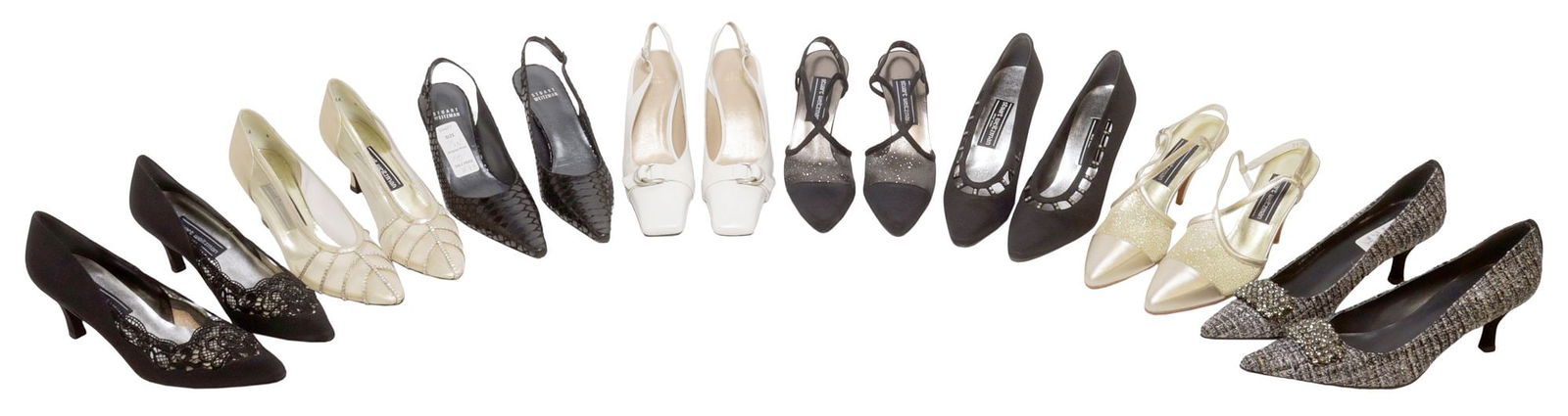 (8PR) LADIES DESIGNER STUART WEITZMAN SHOES IN BOXES: (8 pairs) Estate designer ladies shoes, Stuart Weitzman, various models, materials, varied sizes as listed, (1) "Rebigbang," size 7 1/2N, (1) "Mantilla," size 7 1/2 2A, (1) "Singing," size 7 1/2AA, (1