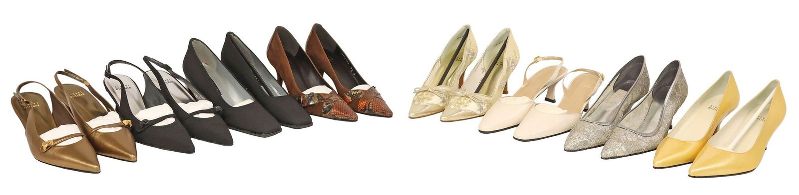 (8PR) LADIES DESIGNER STUART WEITZMAN SHOES IN BOXES: (8 pairs) Estate designer ladies shoes, Stuart Weitzman, various modes, materials and colors, sizes 7.5 narrow to 7.5 2A, (1) "Exmode," (1) "Halston," (2) "Masterpiece," (1) "Meshmemid," (1) "Viscount