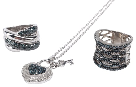 (3) ESTATE STERLING SILVER WHITE & BLUE DIAMOND RINGS & PENDANT NECKLACE