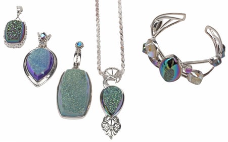 (5) ESTATE STERLING & BLUE DRUZY PENDANTS, NECKLACE & CUFF BRACELET