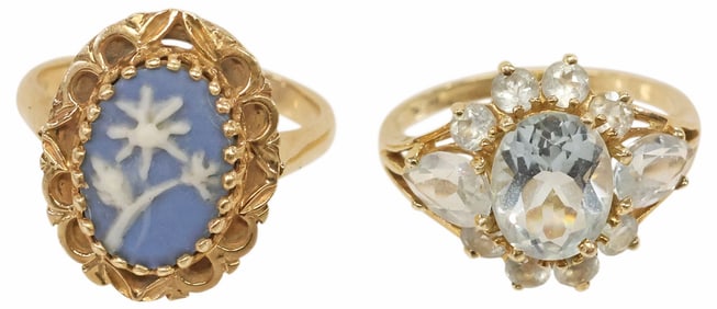 (2) ESTATE 14KT YELLOW GOLD AQUAMARINE & JASPERWARE RINGS