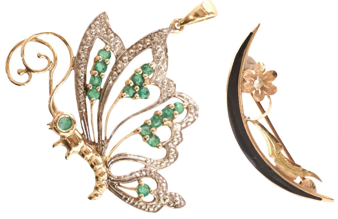 (2) ESTATE 10KT GOLD & GEMSTONE BUTTERFLY PENDANT & CRESCENT MOON BROOCH: Estate 10kt gold jewelry, each hallmarked 10K, including: (1) bicolor gold pendant, in the form of a winged butterfly, adorned with (fifteen) small green gemstones, marked Sanuk, approx 1.5"l, 1 