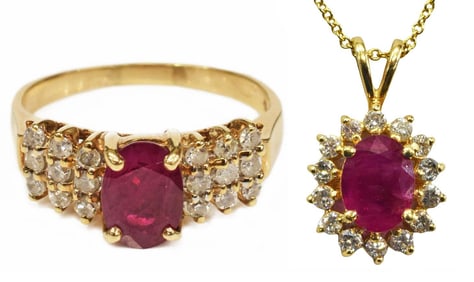 (2) ESTATE GOLD, RUBY & DIAMOND NECKLACE & RING