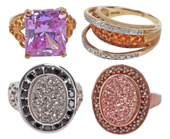 (4) ESTATE 10KT GOLD, GEMSTONE & DRUZY COCKTAIL RINGS