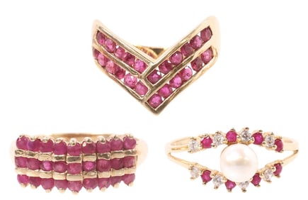 (3) ESTATE 10KT YELLOW GOLD, RUBY & CULTURED FRESHWATER PEARL RINGS