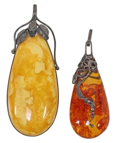 (2) ESTATE ART NOUVEAU STYLE STERLING & AMBER GOURD PENDANTS