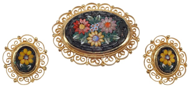(2) ESTATE ITALIAN GOLD-PLATED & FLORAL MICROMOSAIC  BROOCH & EARRINGS