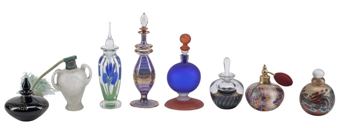 (8) GLASS & CRYSTAL PERFUME BOTTLES, ORIENT & FLUME, MAYTUM & OTHER