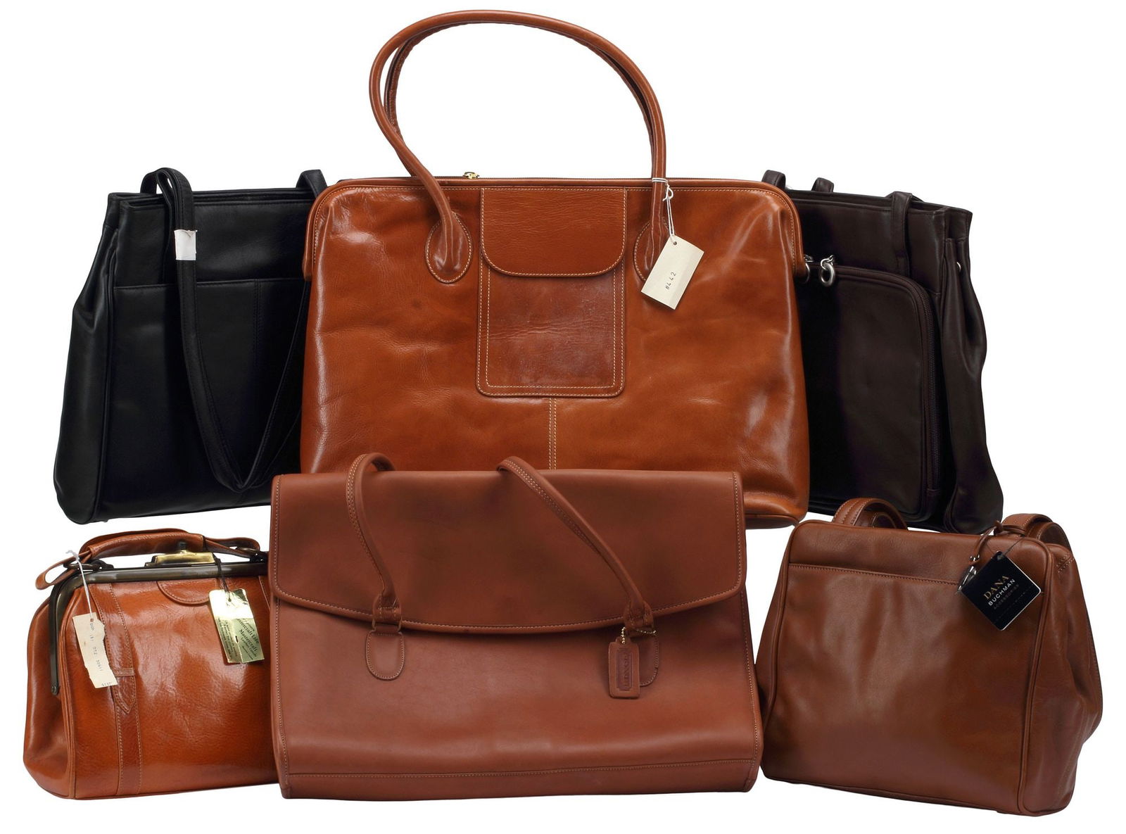 (6) ESTATE DESIGNER LEATHER HANDBAGS, DANA BUCHMAN, COACH, FURLA, ETC: (lot of 6) Collection of designer leather handbags, various makers, styles, colors and interiors, (1) Dana Buchman brown shoulder bag, retaining makers/retail tag, (1) Joseph Mastercraft bag with meta
