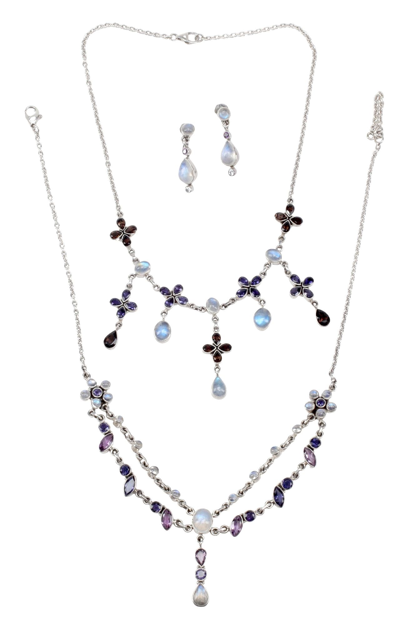 (3) ESTATE NICKY BUTLER STERLING & GEMSTONE NECKLACES & EARRINGS: (lot of 3) Estate designer sterling silver and gemstone jewelry suite, Nicky Butler, set with moonstone, amethyst, and smokey quartz, including: (2) drop necklaces, each on cable chain, with lobster c