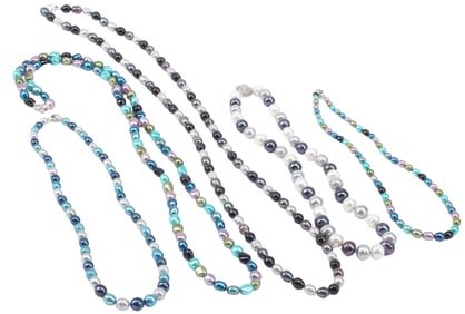 (5) ESTATE MULTICOLOR BLUE-DYED PEARL BEADED NECKLACES