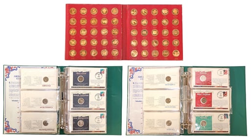 (100) STATES QUARTERS & MEDALS, FRANKLIN MINT & STAMPED COVERS