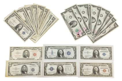 (40) U.S. CURRENCY $1 & $5 SILVER CERTIFICATES, $2 NOTES BICENTENNIAL