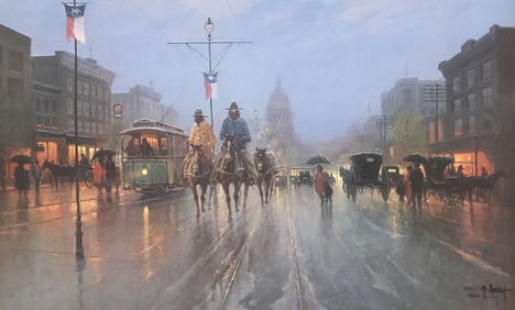 SIGNED G. HARVEY (D.2017) LIMITED-EDITION PRINT, 'STREETCARS ON THE AVENUE'