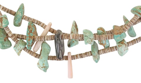NATIVE AMERICAN TURQUOISE & BLACK STONE HEISHI 3-STRAND BEADED NECKLACE