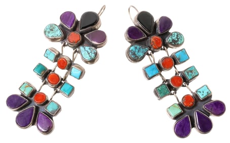 NATIVE AMERICAN SILVER & MULTI-GEMSTONE DANGLE EARRINGS