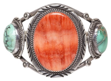 NATIVE AMERICAN STERLING, TURQUOISE, & SPINY OYSTER CUFF BRACELET