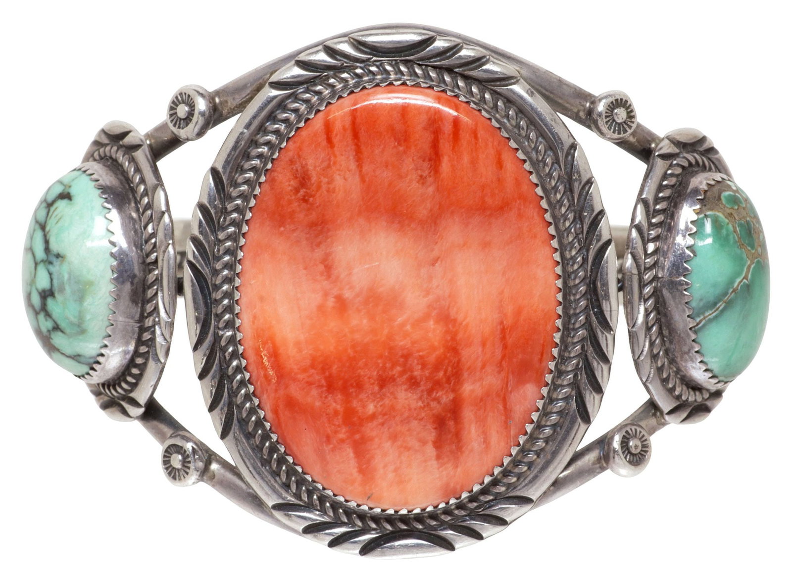 NATIVE AMERICAN STERLING, TURQUOISE, & SPINY OYSTER CUFF BRACELET (1 of 5)