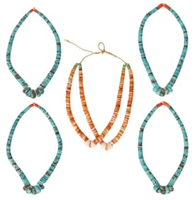 (3PR) NATIVE AMERICAN TURQUOISE & SPINY OYSTER BEADED JOCLA EARRINGS