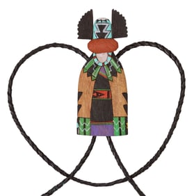 NATIVE AMERICAN HOPI PAINTED WOOD KATSINA BOLO TIE