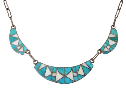 NATIVE AMERICAN ZUNI TURQUOISE & SHELL INLAID SILVER NECKLACE