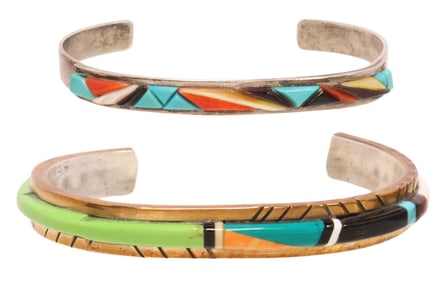 (2) NATIVE AMERICAN NAVAJO & ZUNI INLAID SILVER CUFF BRACELETS