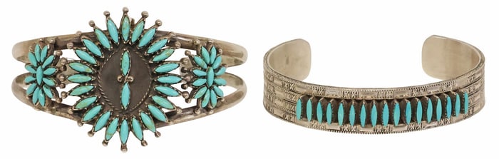 (2) ZUNI SILVER & PETIT POINT TURQUOISE CUFF BRACELETS