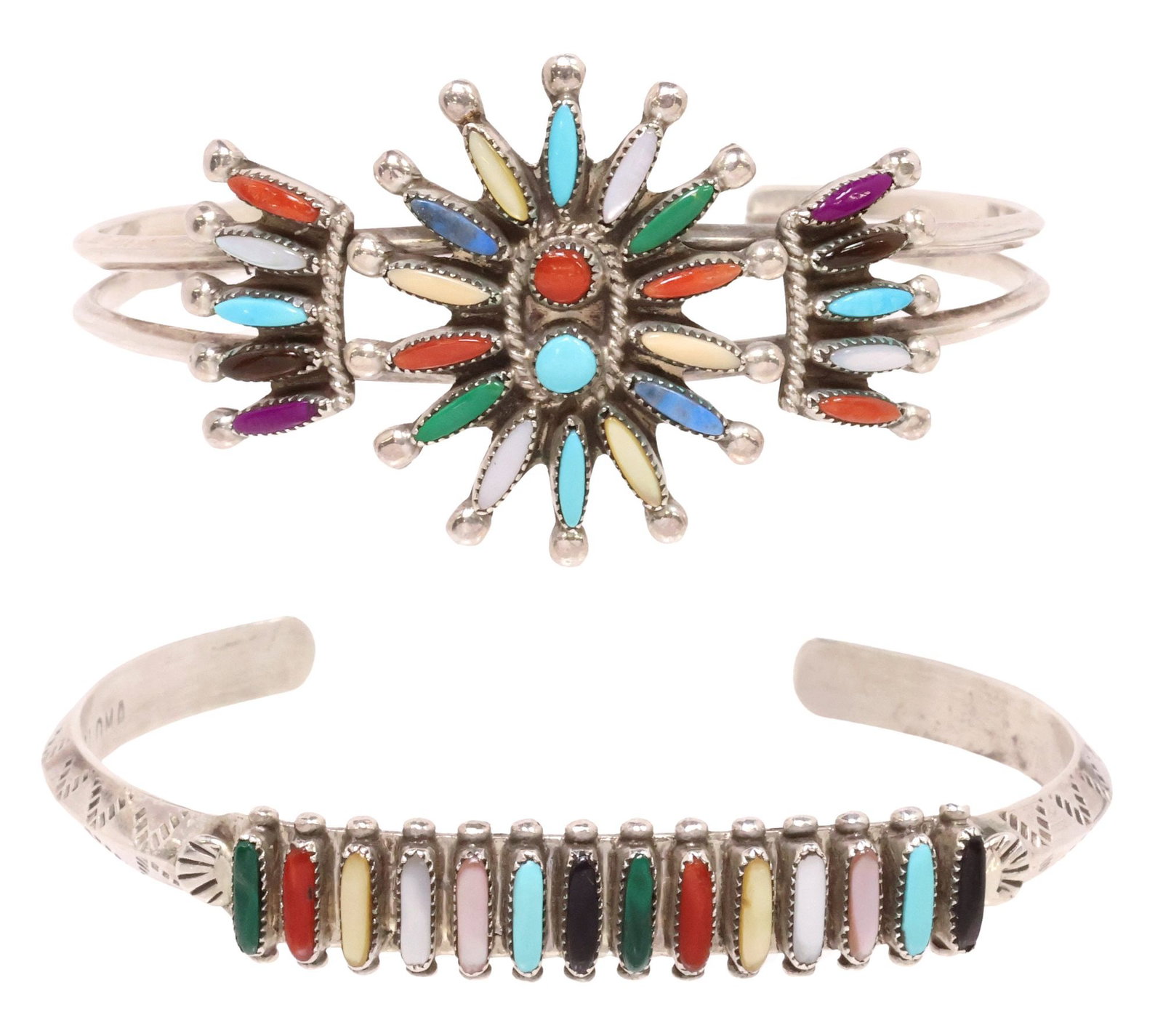 (2) NATIVE AMERICAN ZUNI SILVER & CABOCHON NEEDLEPOINT CUFF BRACELETS (1 of 6)