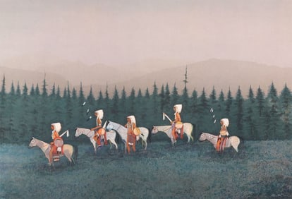 KEVIN RED STAR (B.1943) LITHOGRAPH, 'RETURN OF SMALL CROW WAR PARTY,' 34" X 45"