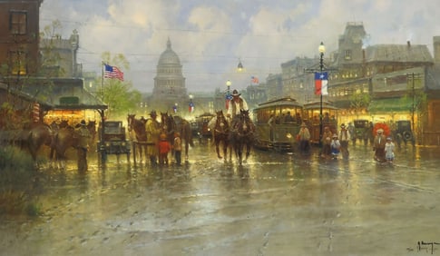 SIGNED G. HARVEY (D.2017) UNFRAMED GICLEE ON CAVAS 'COWHANDS & TROLLIES'