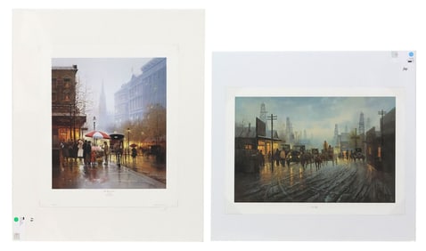 (2) SIGNED G. HARVEY (D.2017) UNFRAMED LIMITED PRINTS, 'FLOWER CART' & 'OIL PATCH'