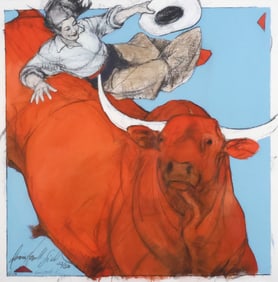 DONNA HOWELL-SICKLES (B.1949) GICLEE PRINT, COWGIRL & LONGHORN