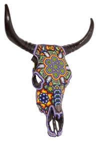 HUICHOL POLYCHROME-BEADED TAXIDERMY BULL SKULL, MEXICO
